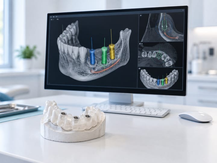 Un monitor con la pianificazione di tre impianti su un'immagine 3D della mandibola, davanti a un modello in gesso