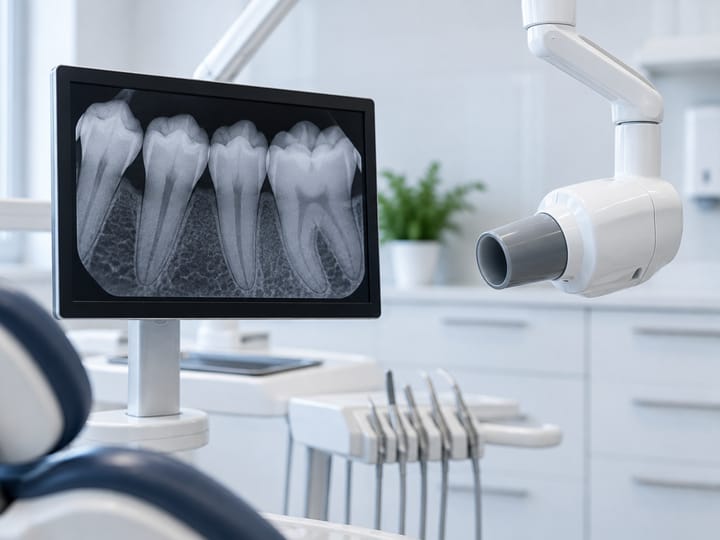 Un monitor con la radiografia digitale di alcuni denti, accanto all'apparecchio per le radiografie