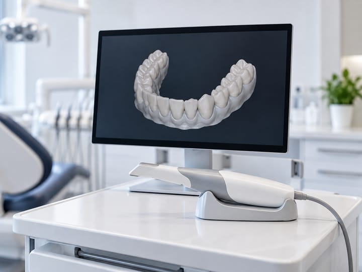 Uno scanner intraorale appoggiato davanti a un monitor con l'immagine 3D di un'arcata dentale