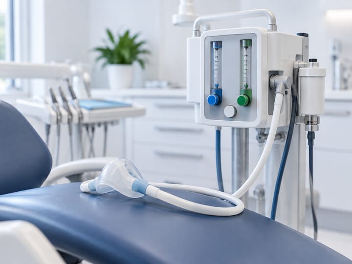 L'apparecchio per la sedazione cosciente, con la piccola maschera per il naso appoggiata sulla poltrona
