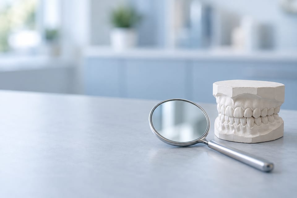 Uno specchietto da dentista accanto a un modello in gesso dei denti