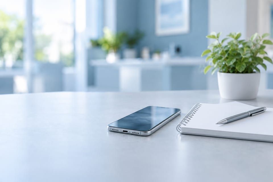 Uno smartphone e un quaderno con una penna su un tavolo, in una stanza luminosa