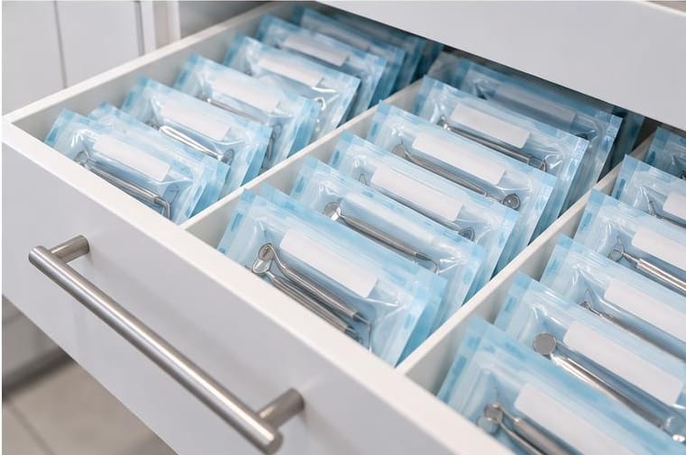 Buste sigillate con gli strumenti, in ordine in un cassetto