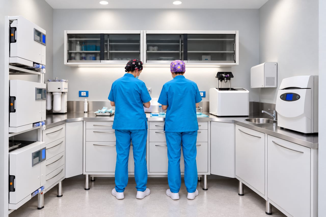 Sala di sterilizzazione: a sinistra le autoclavi una sopra l'altra, al centro un piano di lavoro in acciaio con due operatori in divisa azzurra visti di spalle, a destra un lavello e un'altra macchina